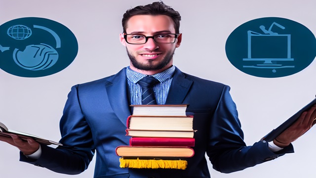 professionista in cravatta con computer, libri e siti Internet