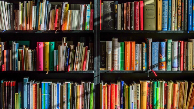 tre scaffali di una libreria pieni di libri